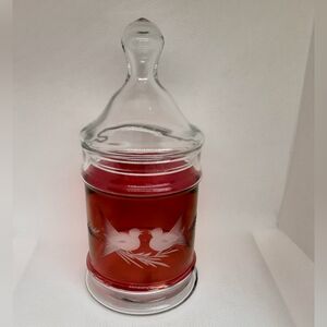 Vintage Etched Cranberry Flash Glass Jar Doves Birds